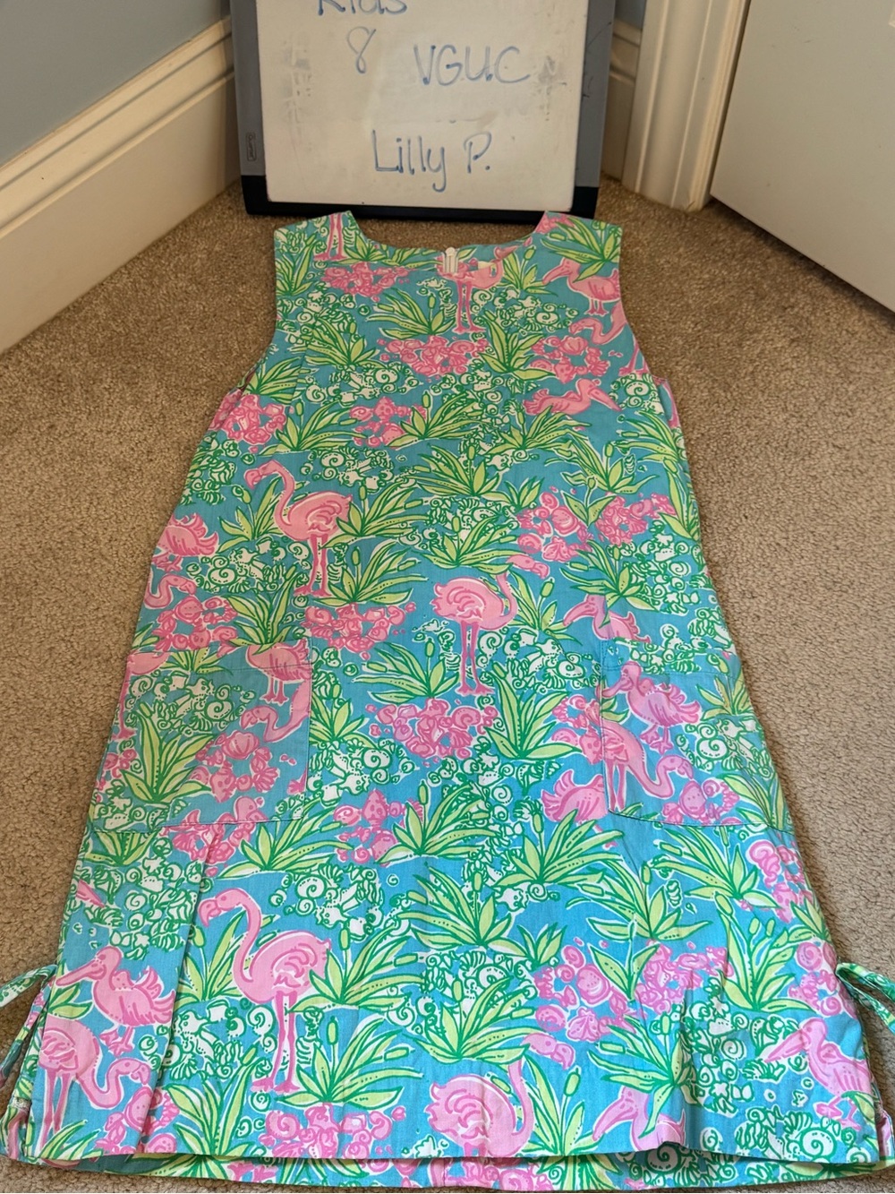 Sz 8 Lilly Pulitzer Girls Tropical Flamingo Shift Dress - Aqua, Pink, Green